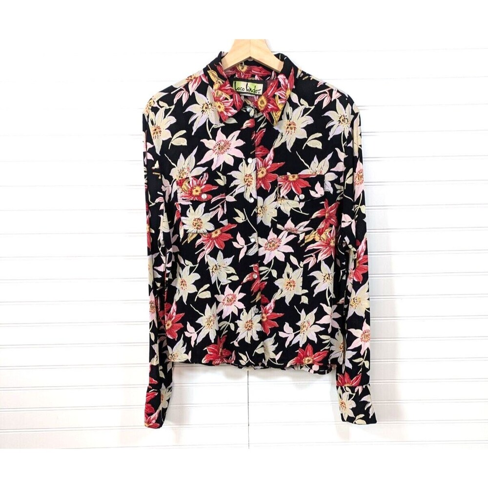 Vintage Loco Lindo Blouse Womens XL Floral Christmas Holiday Pearl Snap Pockets